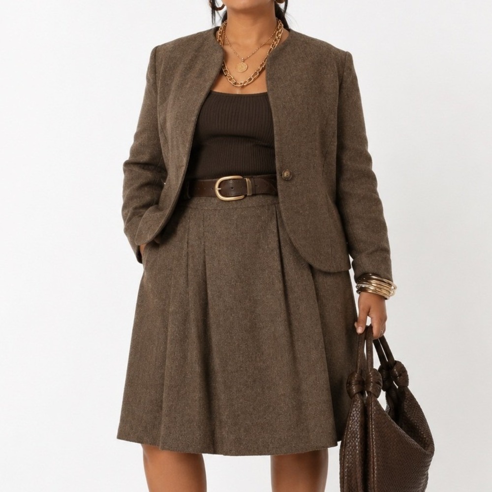 70s Vintage Tweed Skirt Suit Set Womens M Brown 1 Button Blazer Pleated Midi Mod